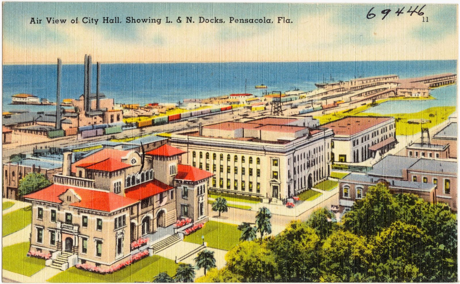 Air view of city hall, showing L. & N. Docks, Pensacola, Florida, Boston Public Library - undated