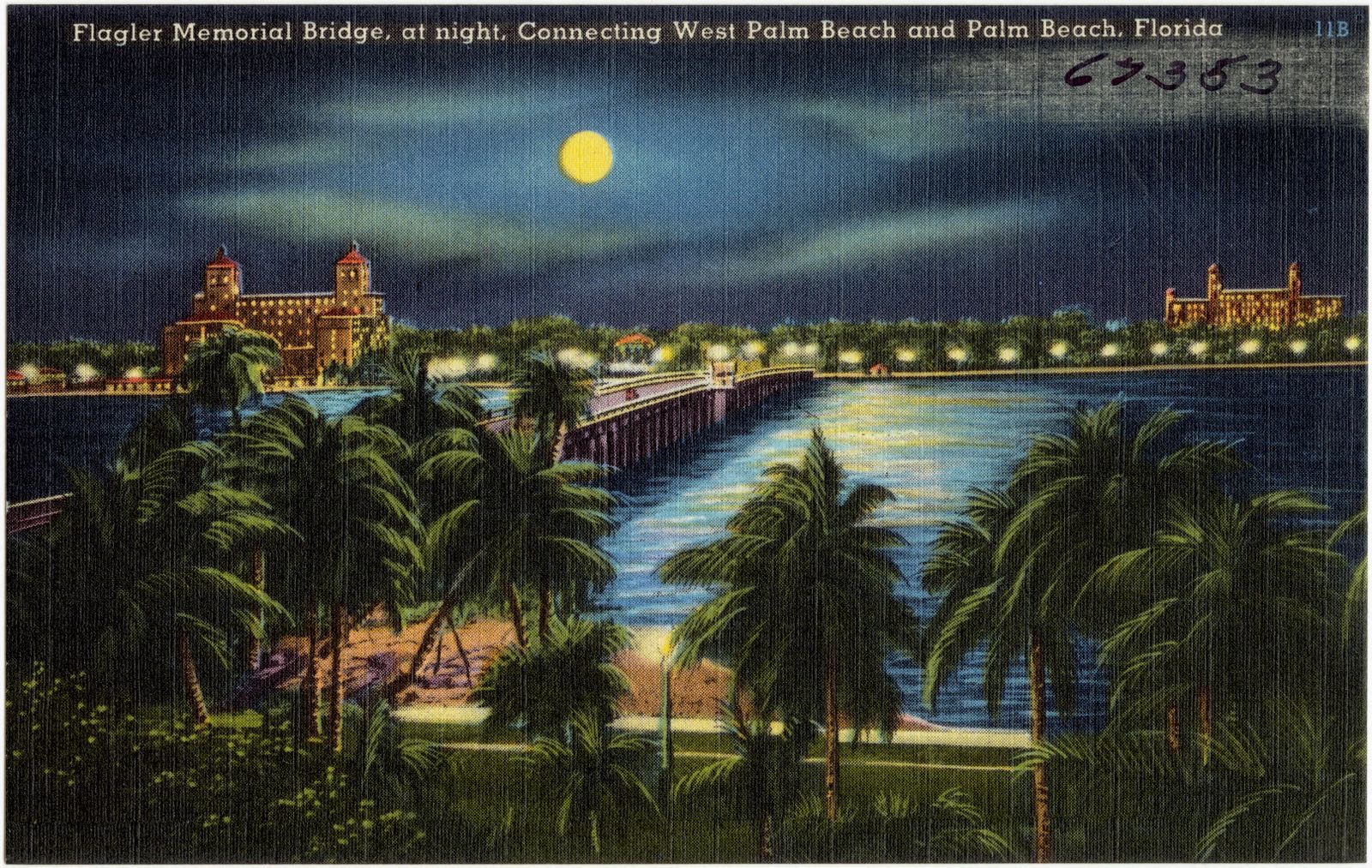 Flagler Memorial Bridge, at night, connecting West Palm Beach and Palm Beach, Florida, Boston Public Library - undated