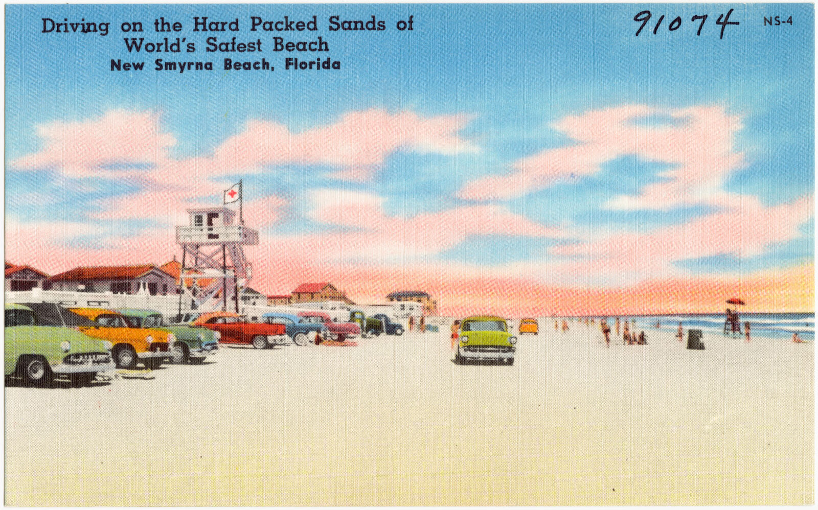 Driving on the hard packed sands of world's safest beach, New Smyrna Beach, Florida, Boston Public Library - undated