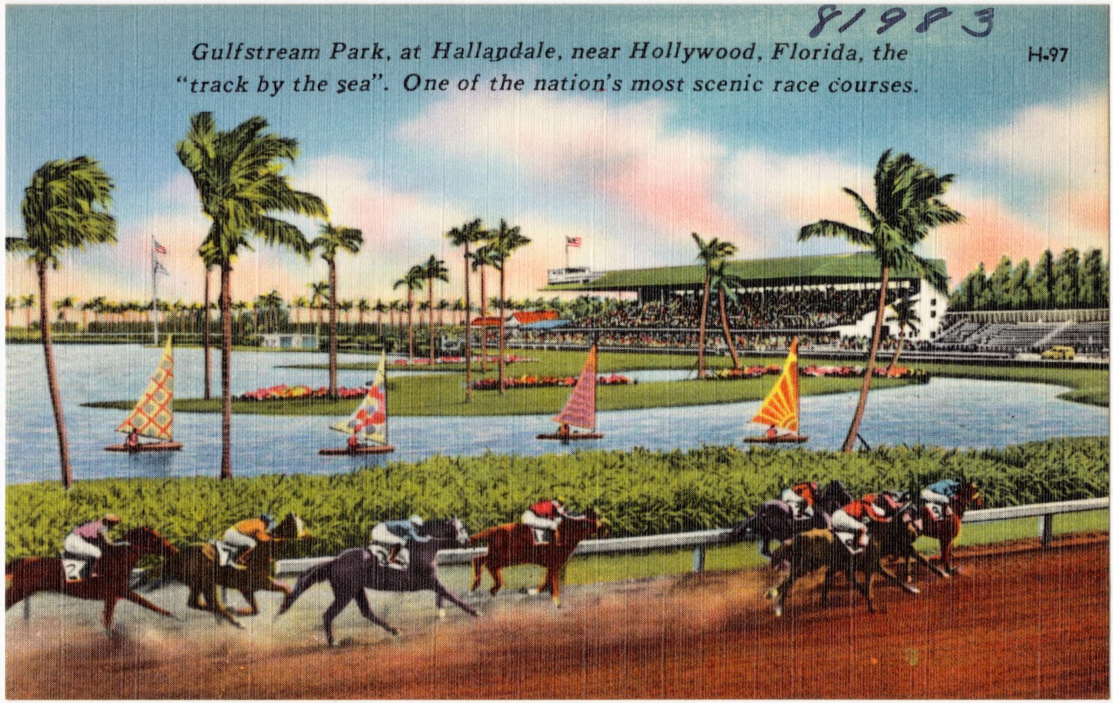 Gulfstream Park, at Hallandale, near Hollywood, Florida, the "track by the sea". One of the nation's most scenic race courses., Boston Public Library - undated