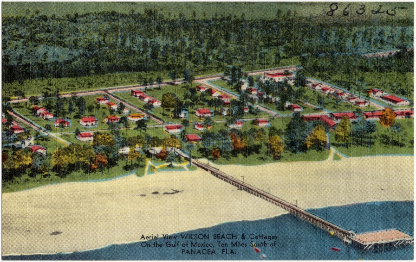Aerial view, Wilson Beach & Cottages, on the Gulf of Mexico, ten miles south of Panacea, Fla., Boston Public Library - undated