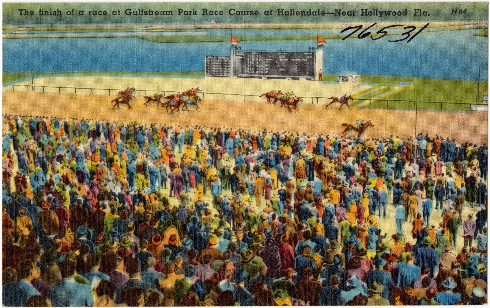 The finish of a race at Gulfstream Park Race Course at Hallendale- Near Hollywood, Fla., Boston Public Library - undated