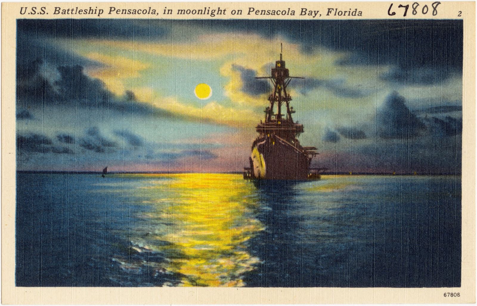 U.S.S. Battleship Pensacola, in moonlight on Pensacola Bay, Florida, Boston Public Library - undated