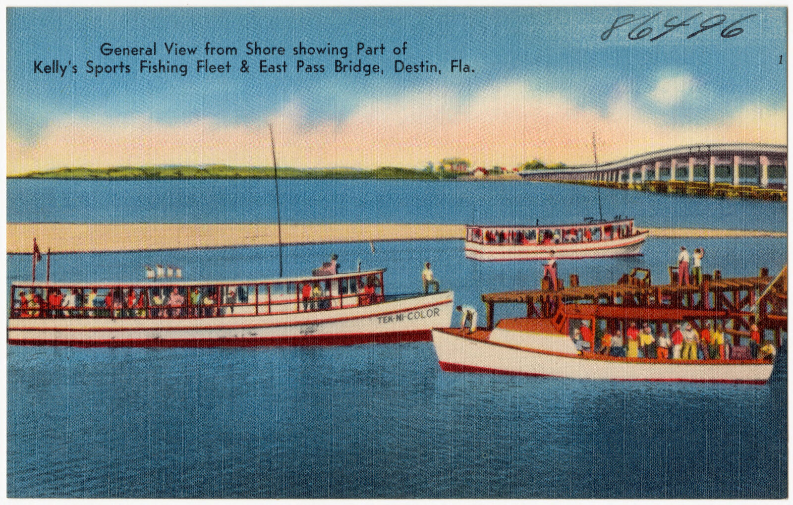 General view from shore showing part of Kelly's Sports Fishing Fleet and East Pass Bridge, Destin, Florida, Boston Public Library - undated