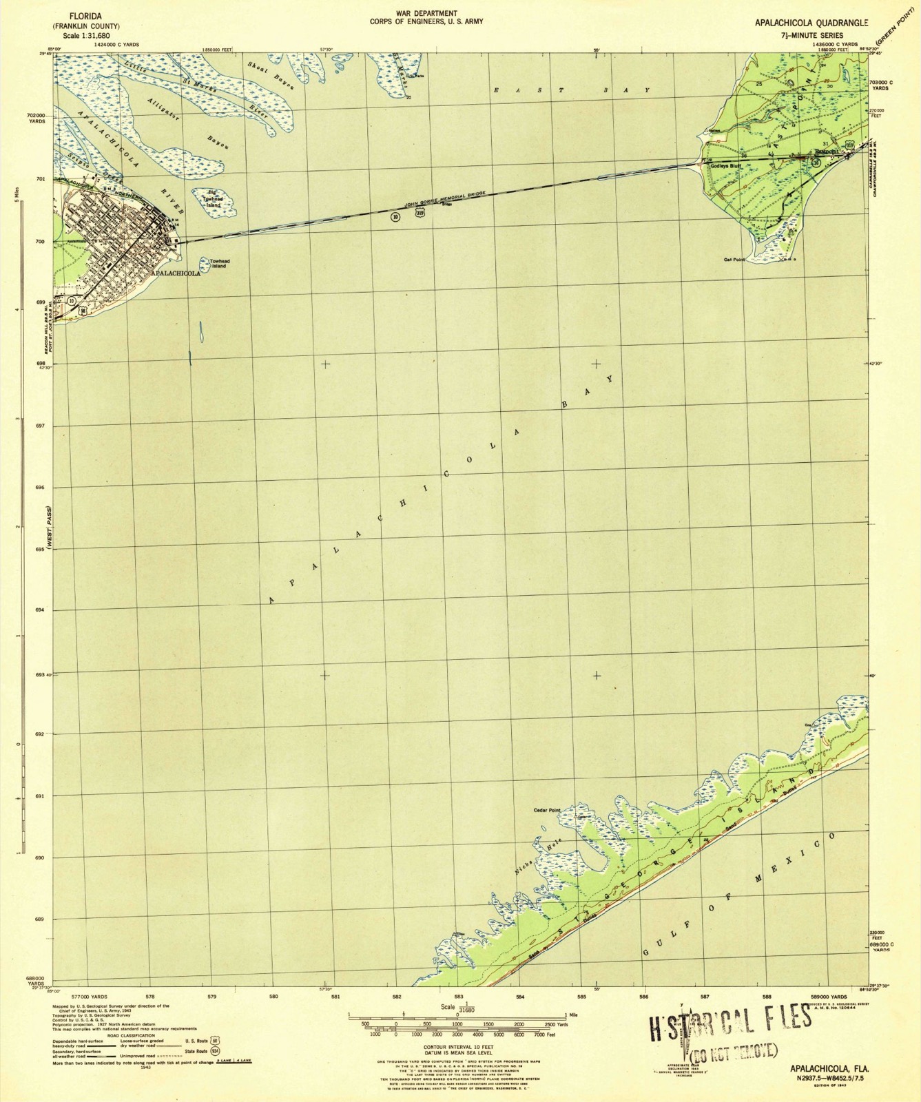 Topographic sheet covering Apalachicola Historic District, surveyed 1943