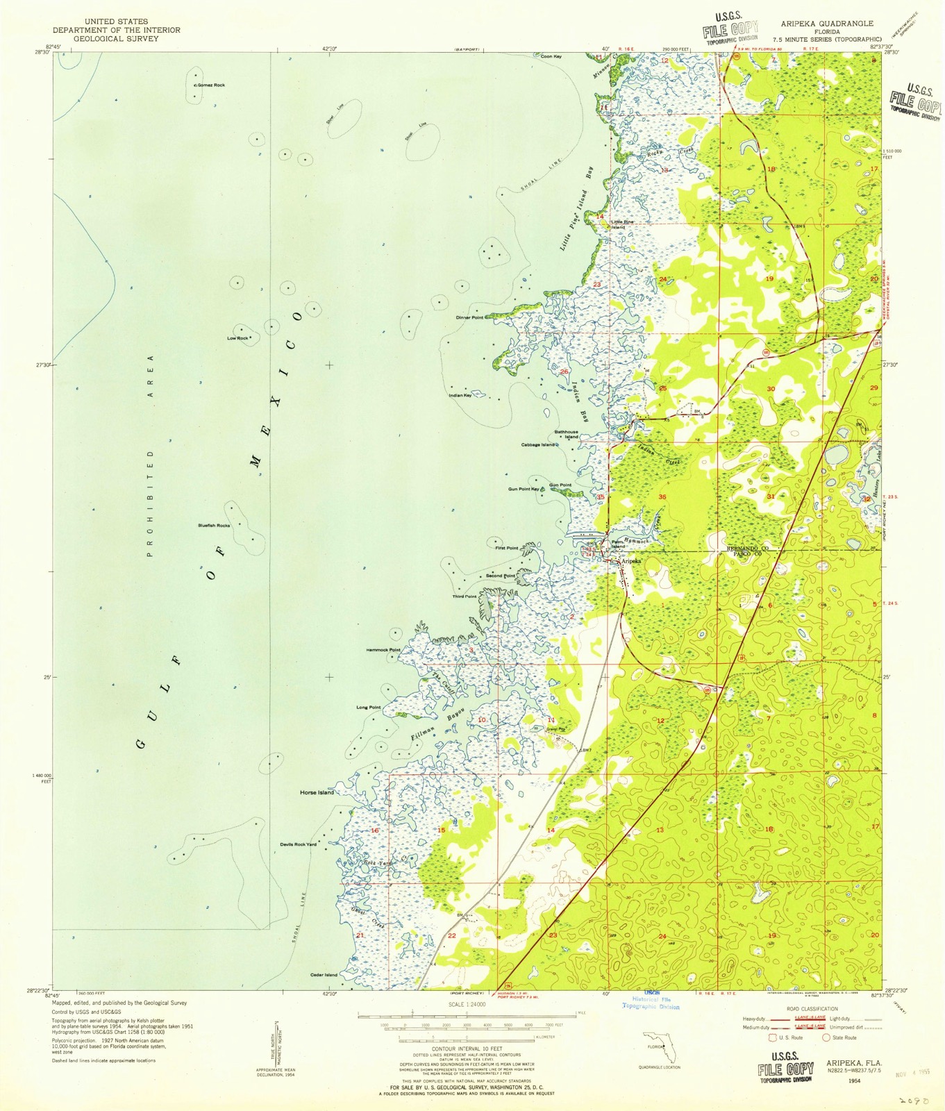 Topographic sheet of Aripeka, surveyed 1954