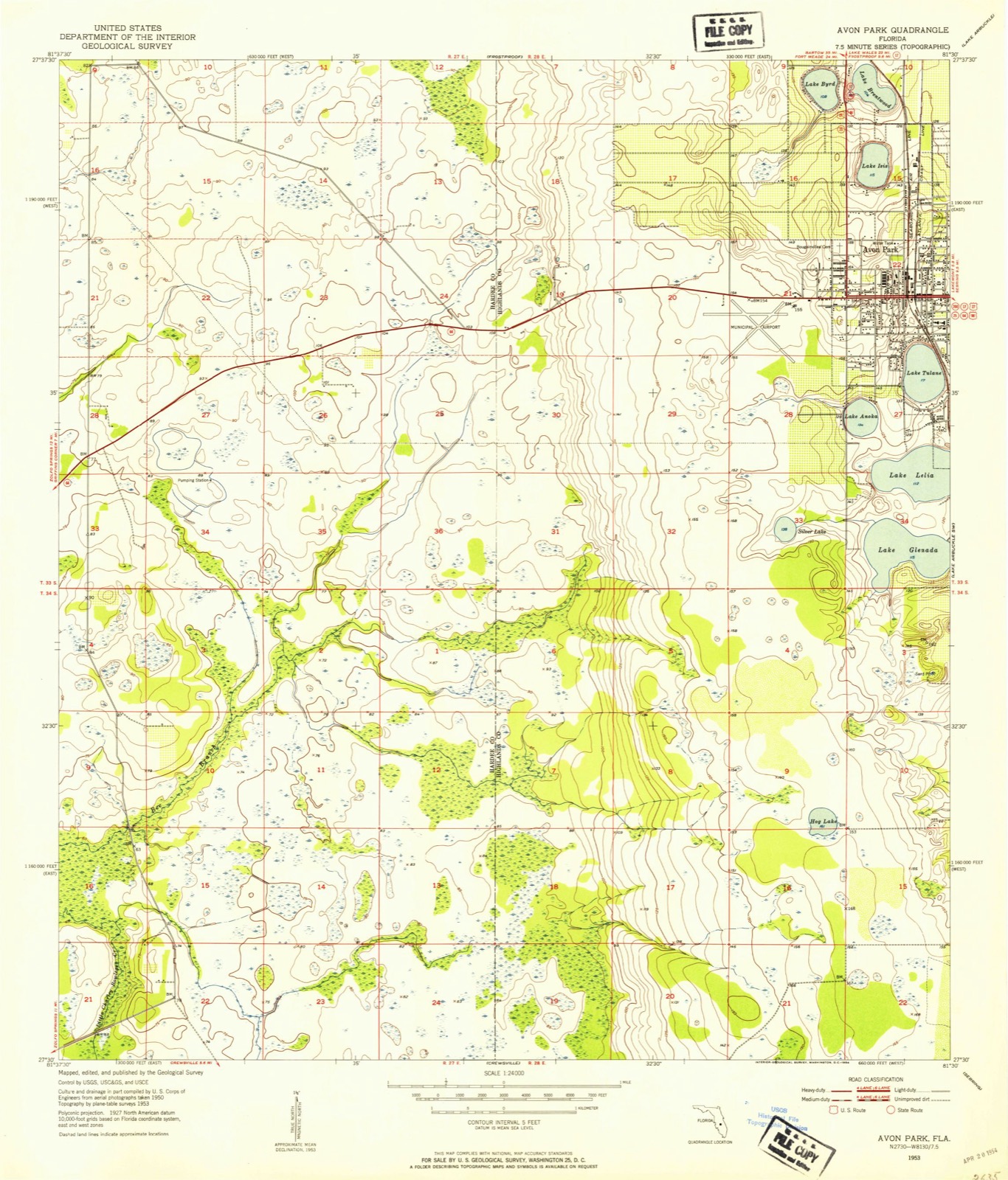 Topographic sheet covering Avon Park Historic District, surveyed 1953
