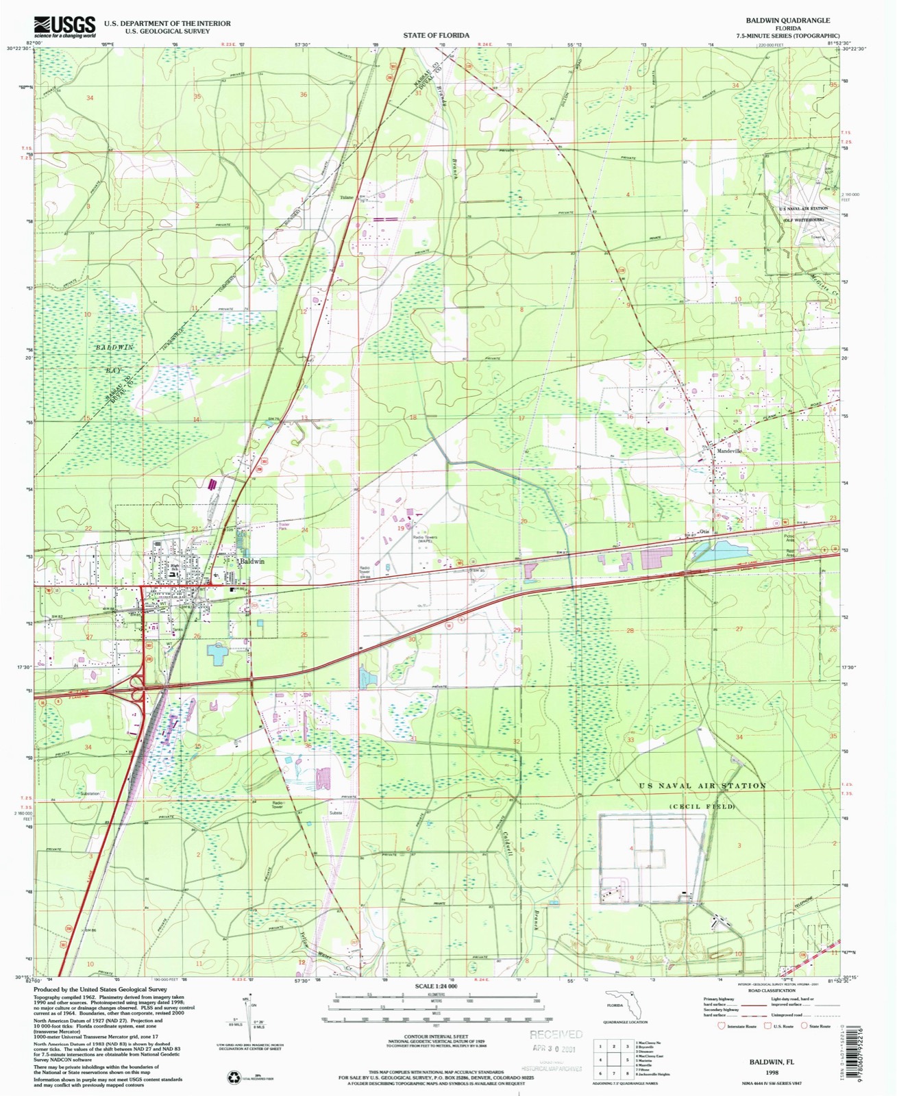 Topographic sheet of Mandeville, surveyed 1998