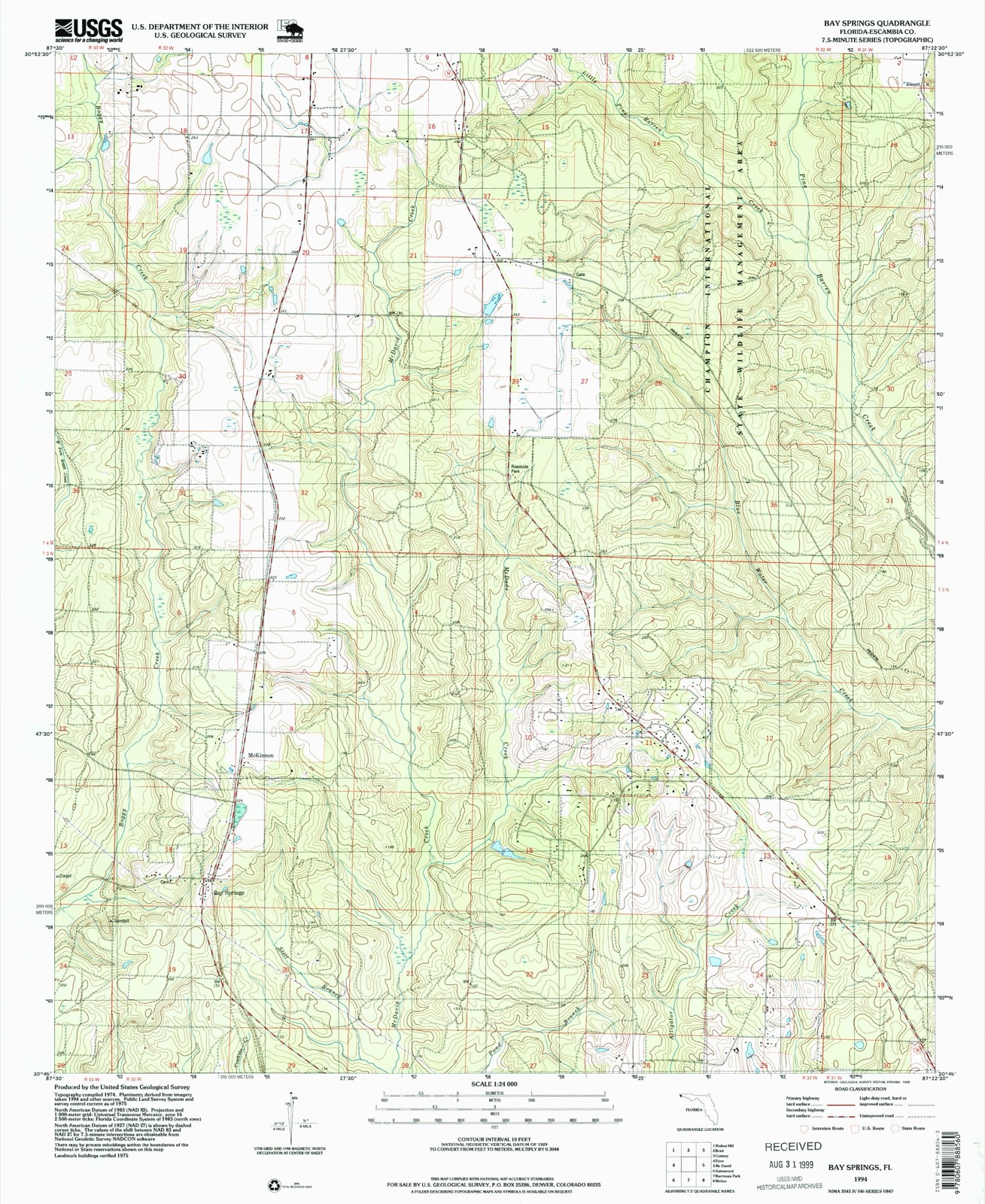Topographic sheet of Bay Springs, surveyed 1994