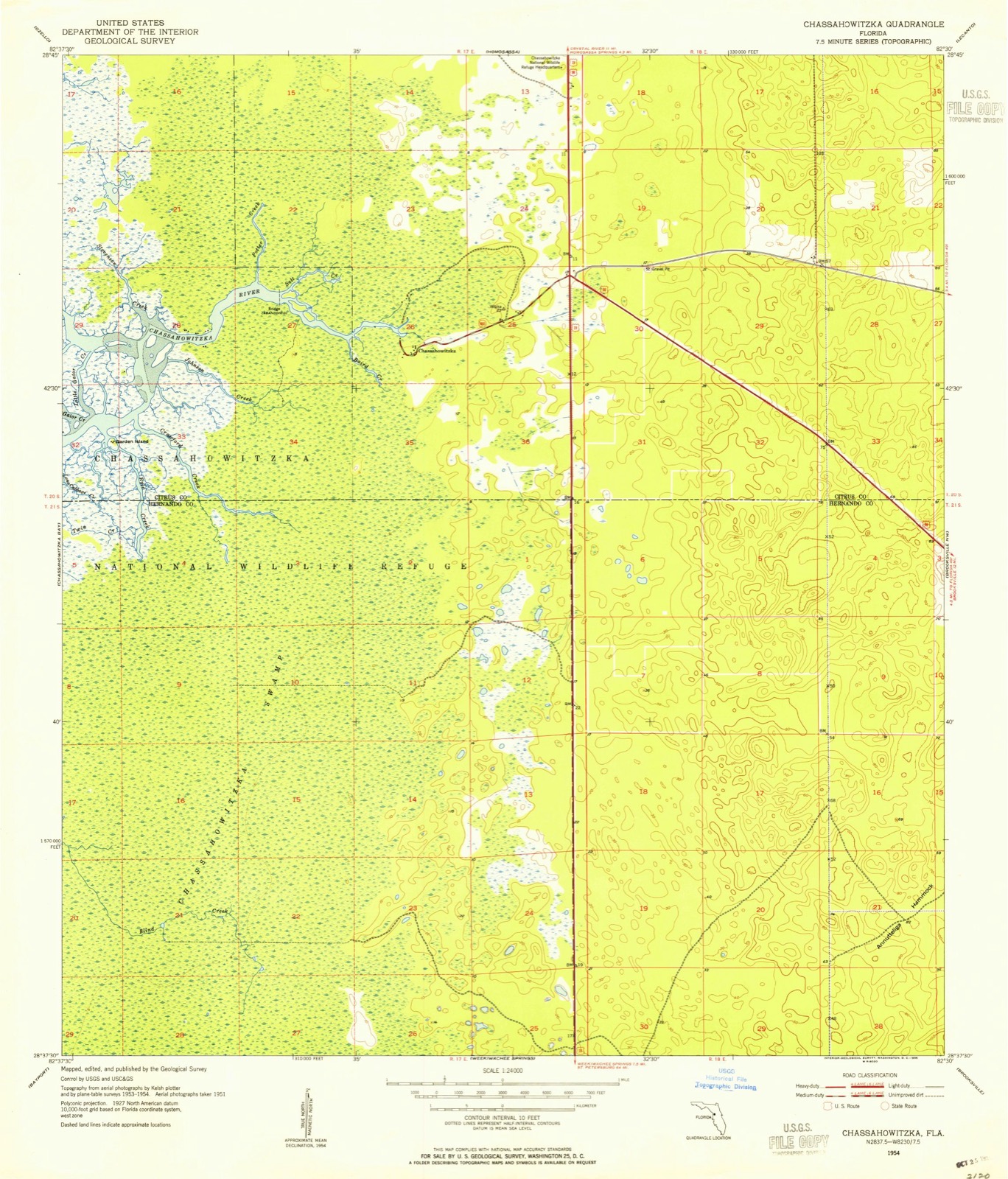 Topographic sheet of Chassahowitzka, surveyed 1954