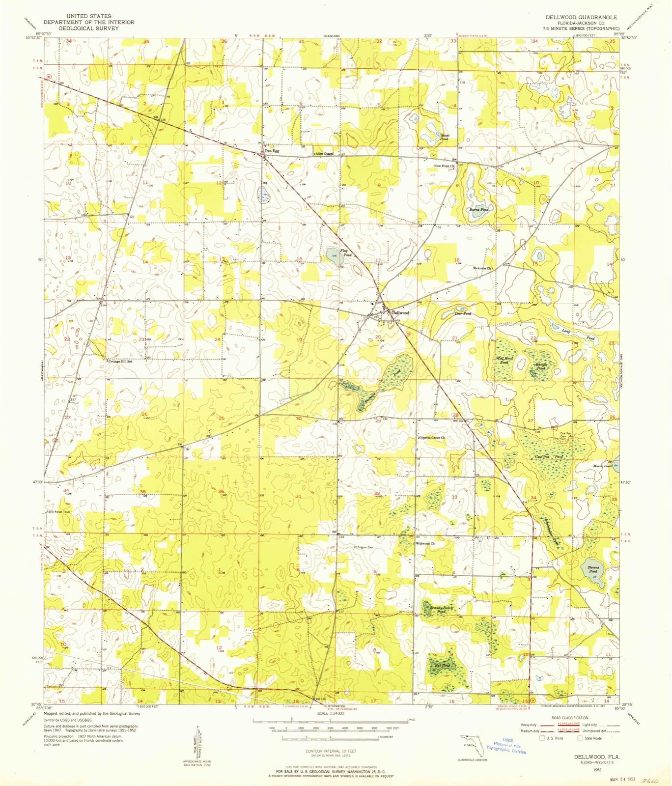 Topographic sheet of Dellwood, surveyed 1952