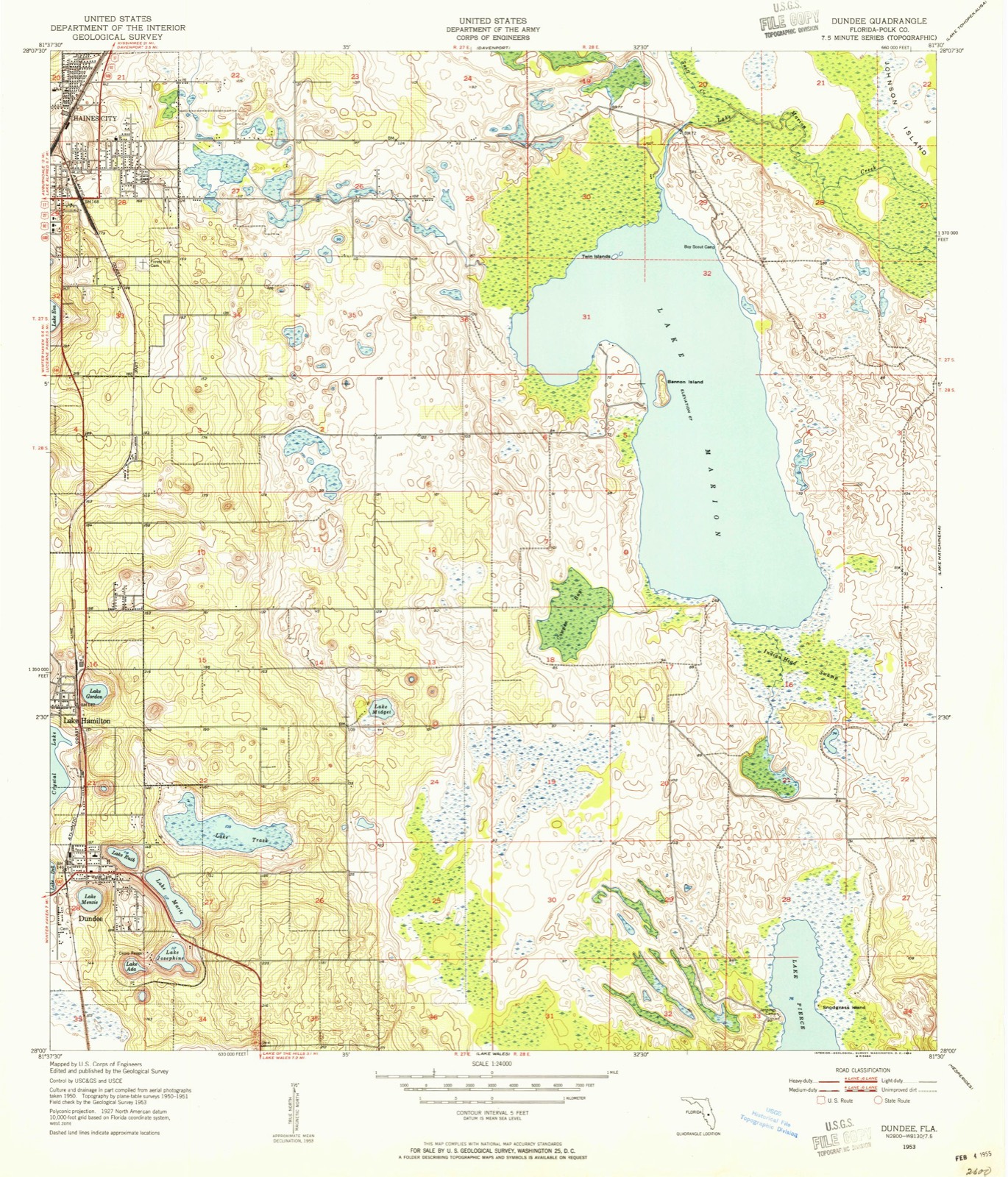 Topographic sheet covering Dundee ACL Railroad Depot, Old, surveyed 1953