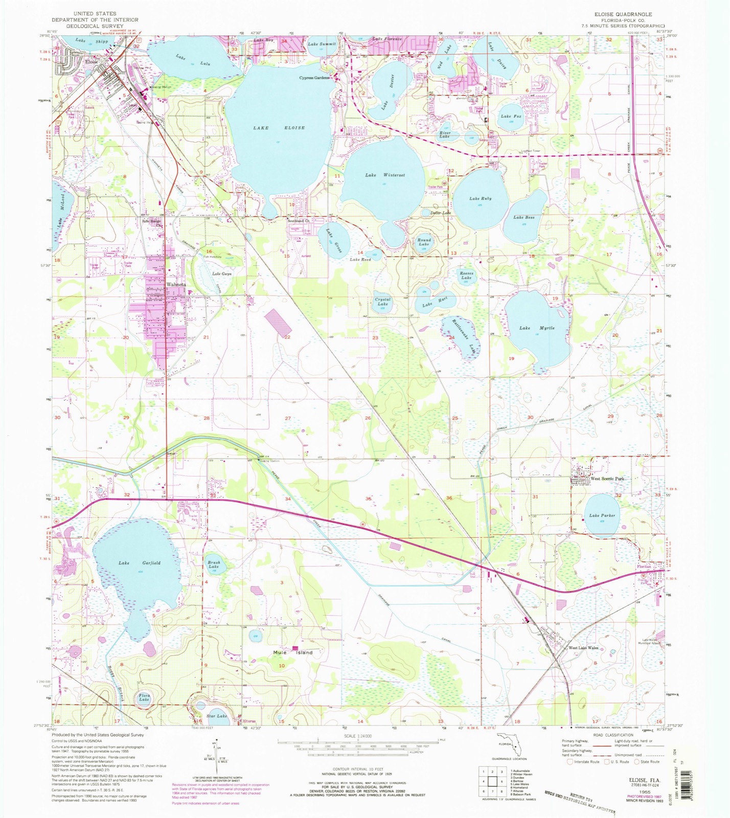 Topographic sheet covering Cypress Gardens, surveyed 1955