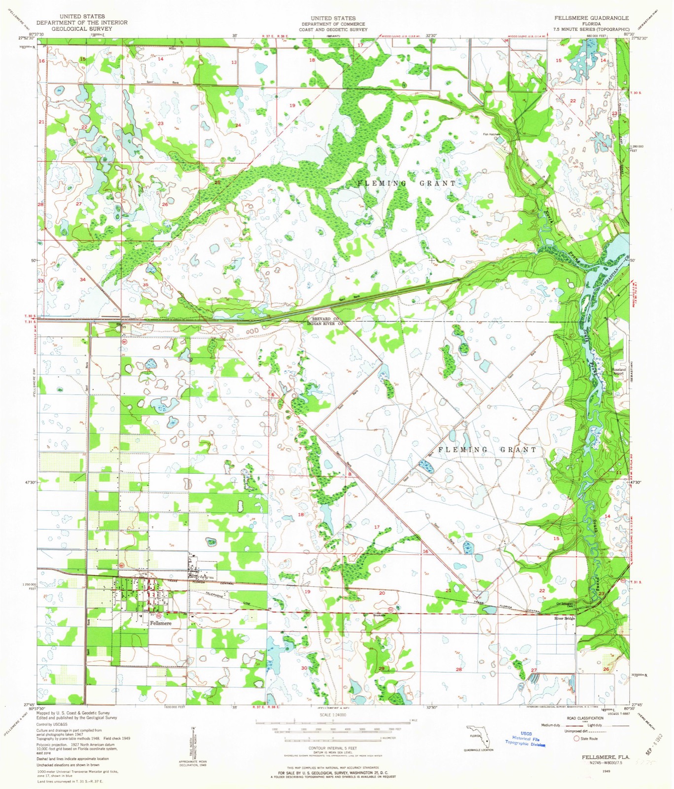 Topographic sheet covering Fellsmere Public School, surveyed 1949