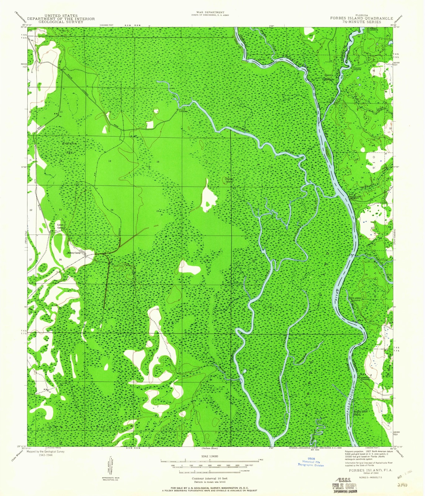 Topographic sheet covering Fort Gadsden Historic Memorial, surveyed 1944