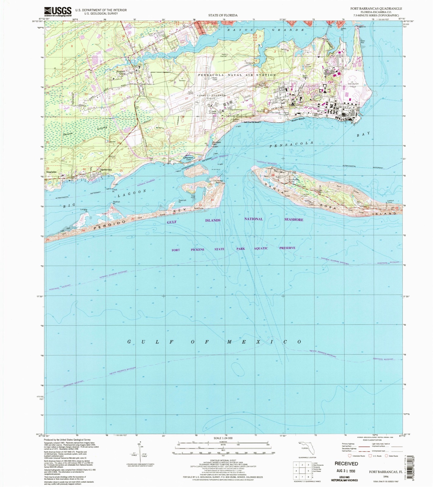 Topographic sheet covering Fort Barrancas Historical District, surveyed 1994