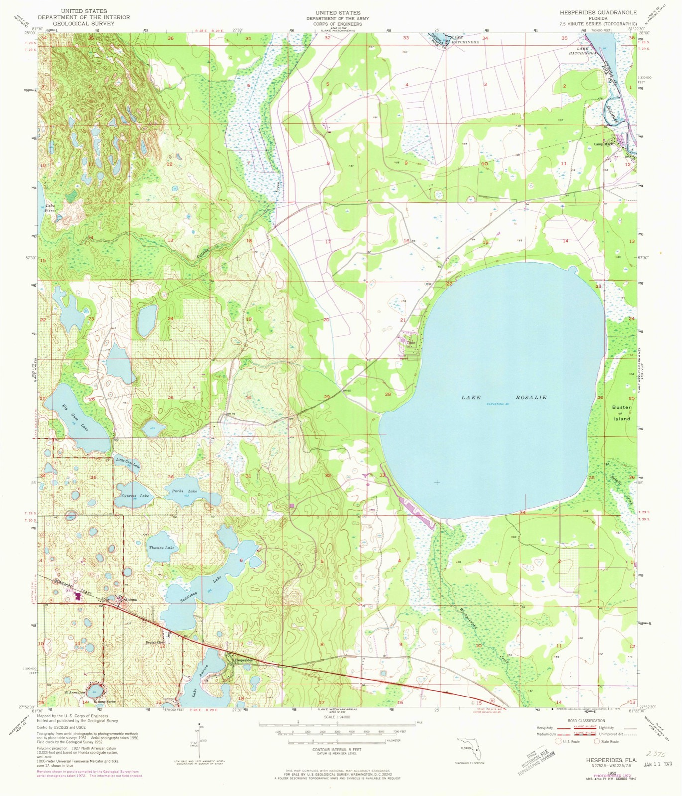 Topographic sheet covering Shell Hammock Landing, surveyed 1952
