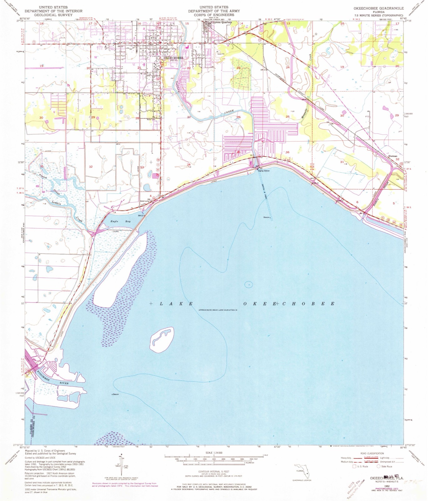 Topographic sheet covering Okeechobee Battlefield, surveyed 1952