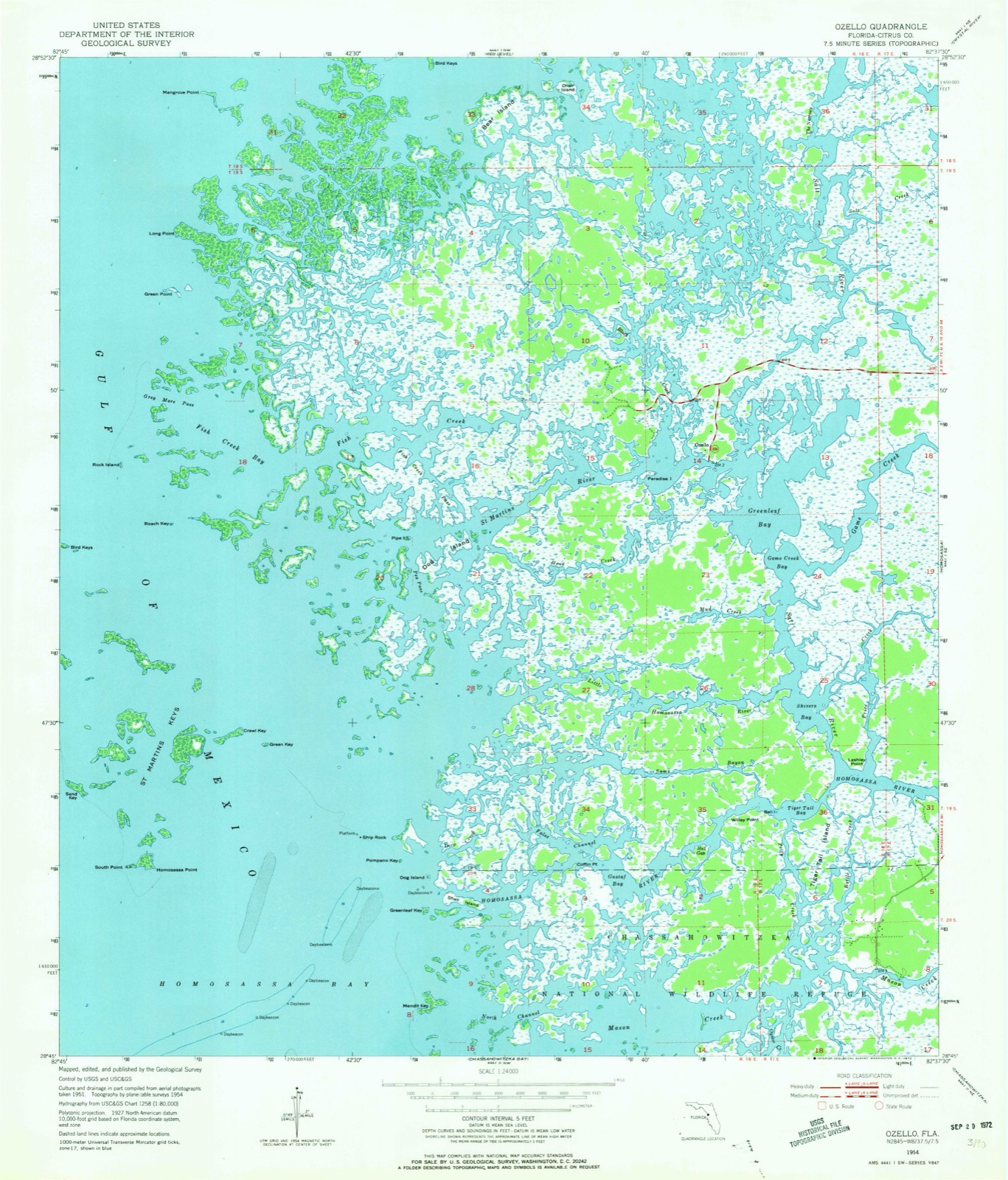 Topographic sheet of Ozello, surveyed 1954