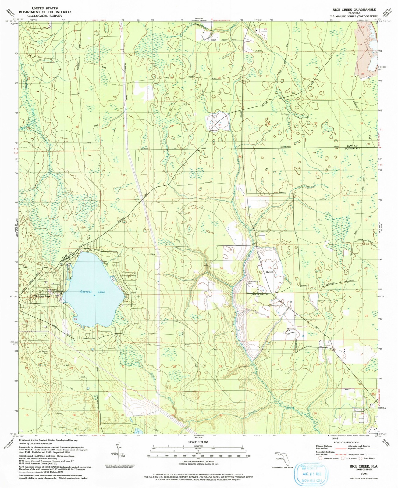 Topographic sheet of Georges Lake, surveyed 1993