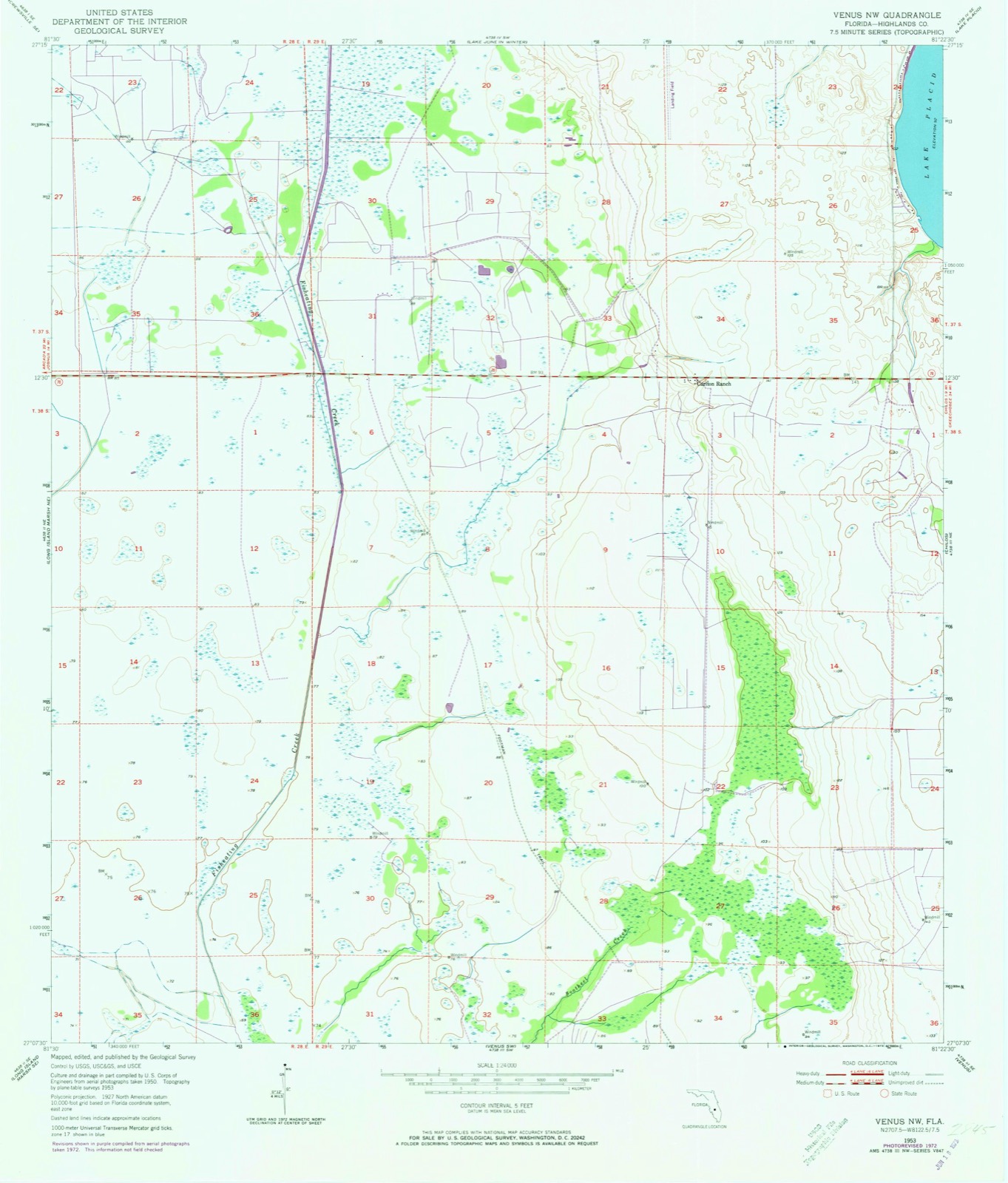 Topographic sheet of Placid Lakes, surveyed 1953