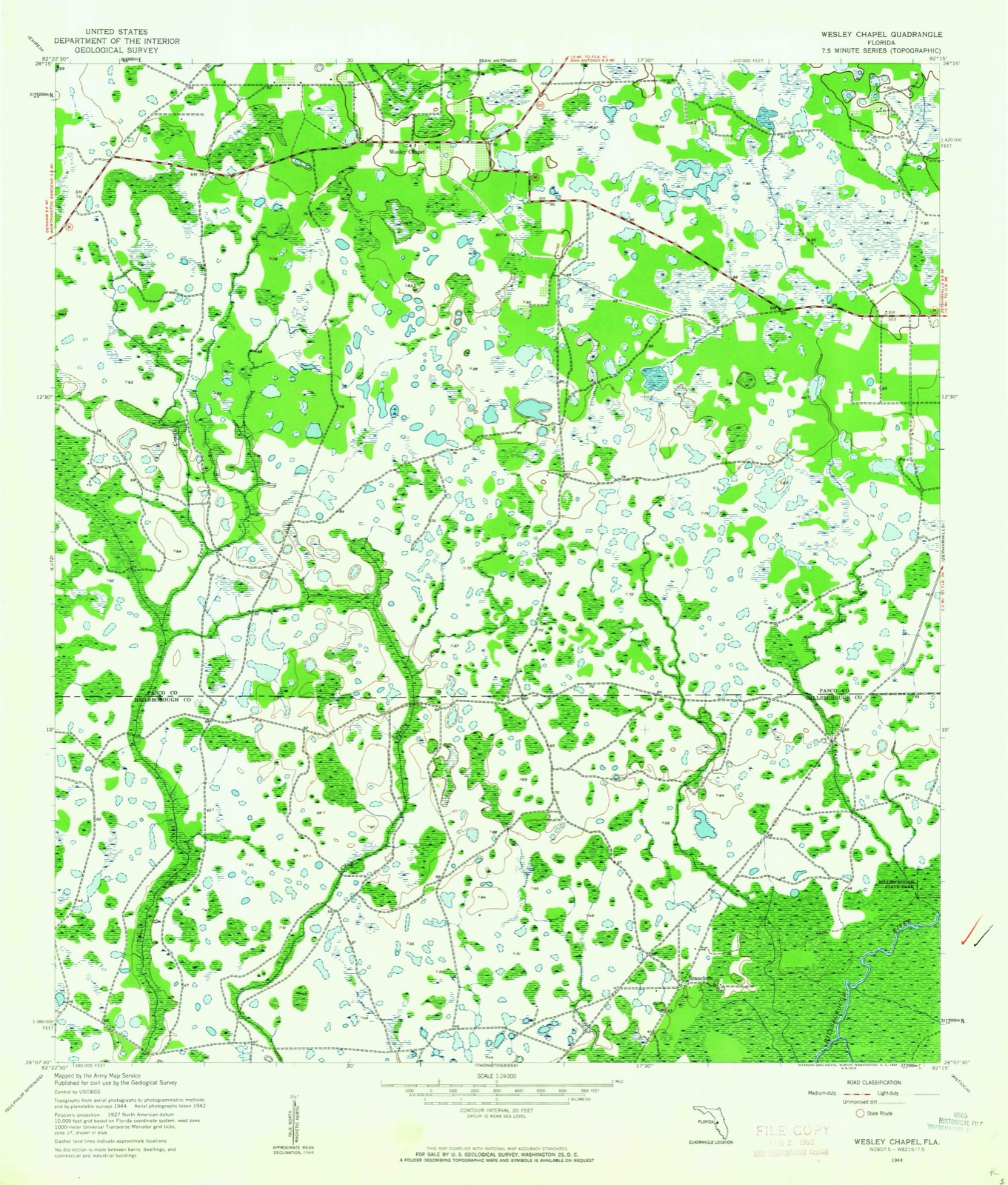 Topographic sheet of Wesley Chapel, surveyed 1944
