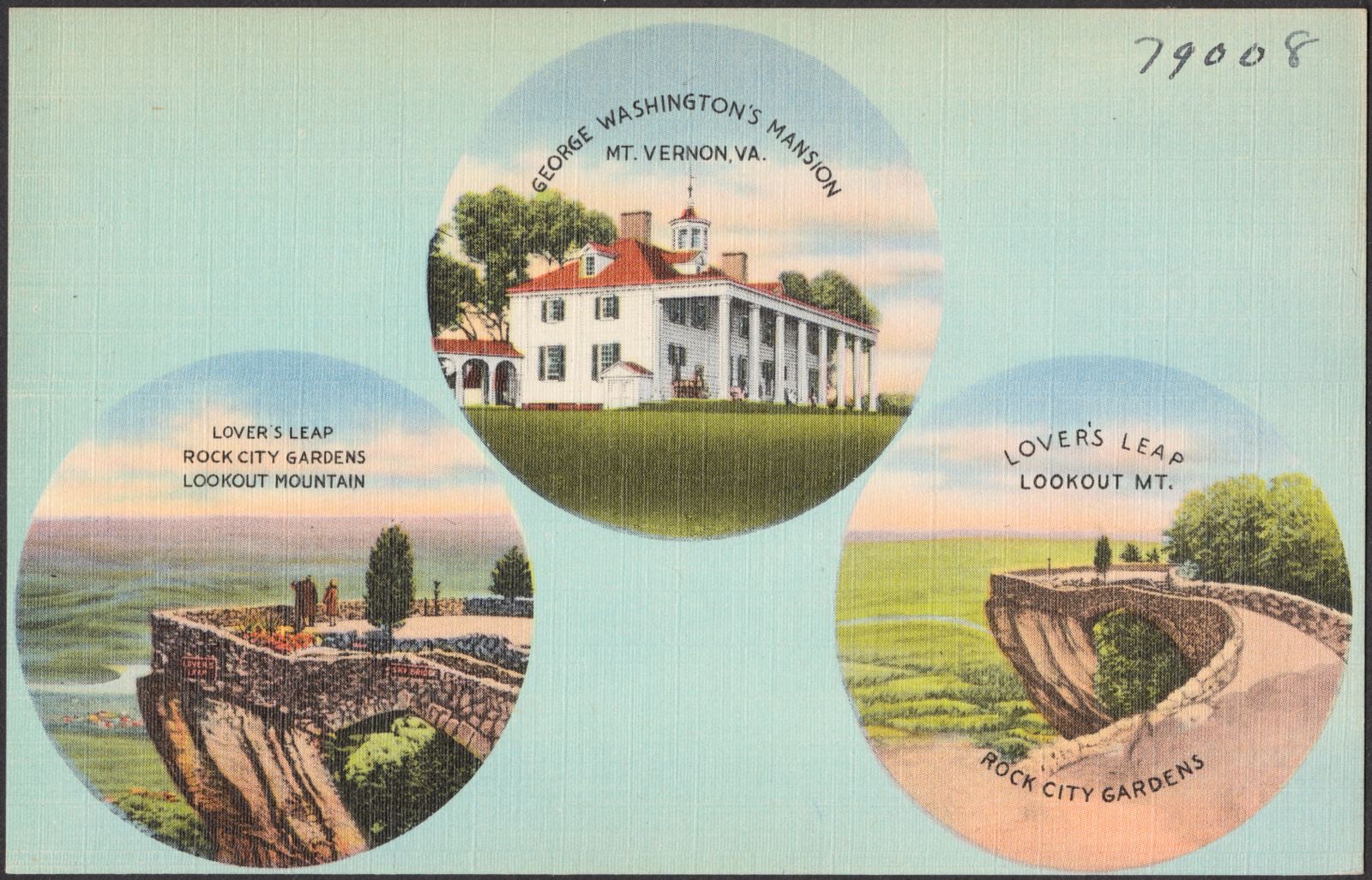 George Washington's mansion, Mt. Vernon, Va. Lover's Leap, Rock City Gardens, Lookout Mountain. Lover's Leave, Lookout Mt., Rock City Gardens, Boston Public Library - undated