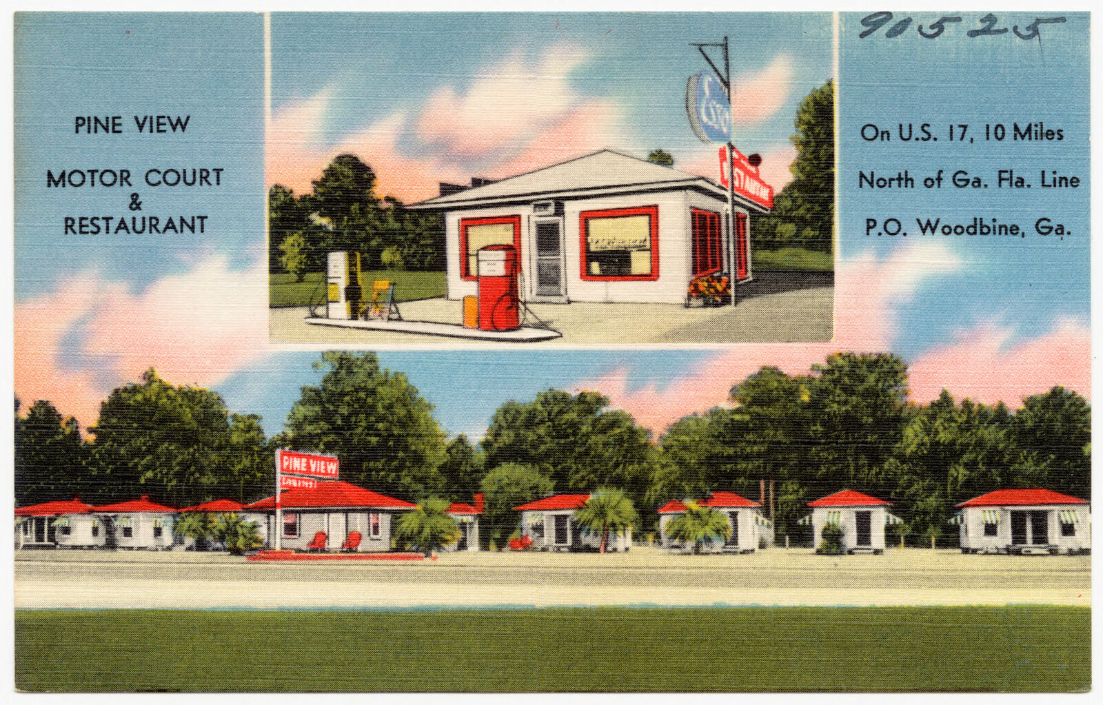 Pine View Motor Court & Restaurant, on U.S. 17, 10 miles north of Ga. Fla. Line, P.O. Woodbine, Ga., Boston Public Library - undated
