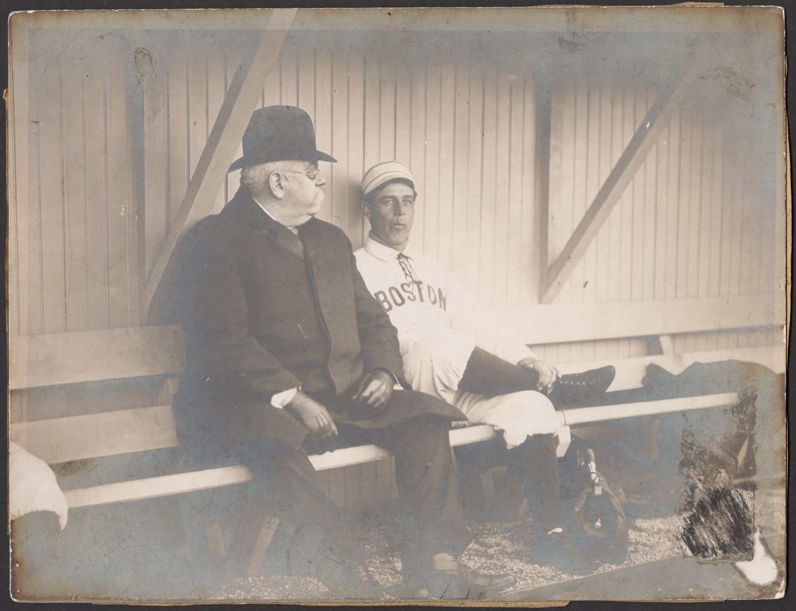 John L. Sullivan and Jimmy Collins in dugout during spring training, Boston Public Library - undated