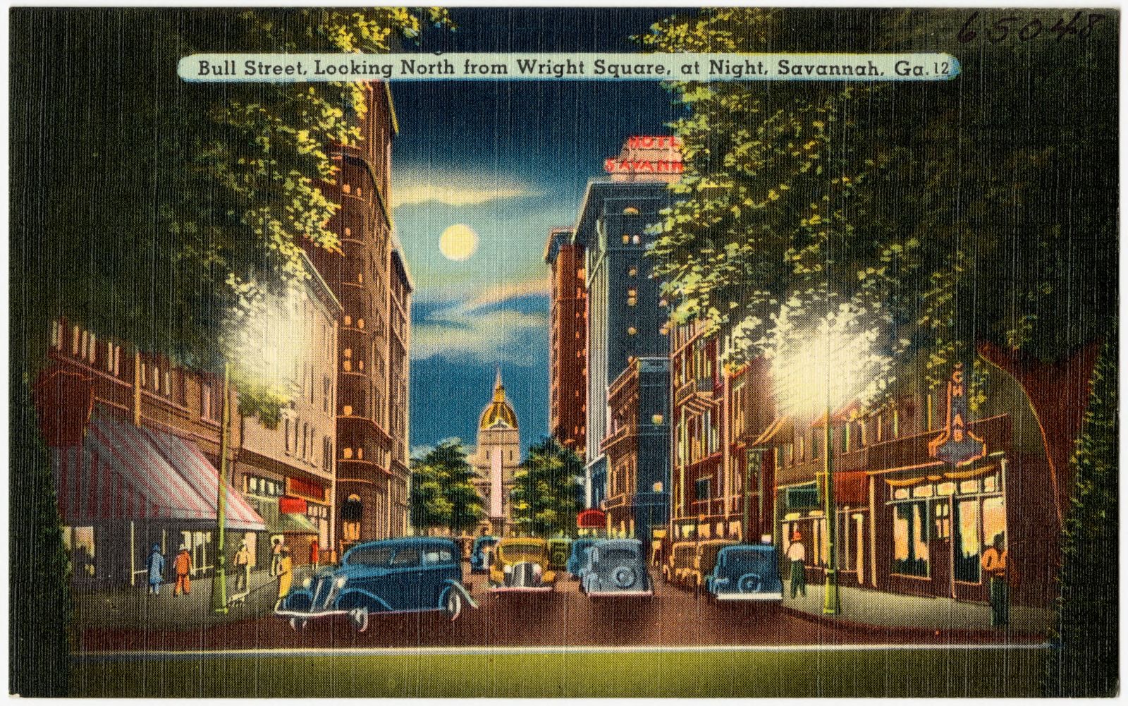 Bull Street, looking north from Wright Square, at night, Savannah, Ga., Boston Public Library - undated
