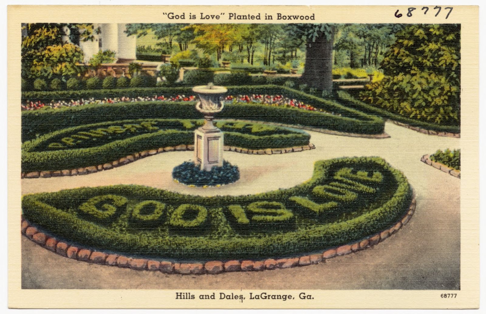 "God is Love" planted in boxwood, Hills and Dales, LaGrange, Ga., Boston Public Library - undated