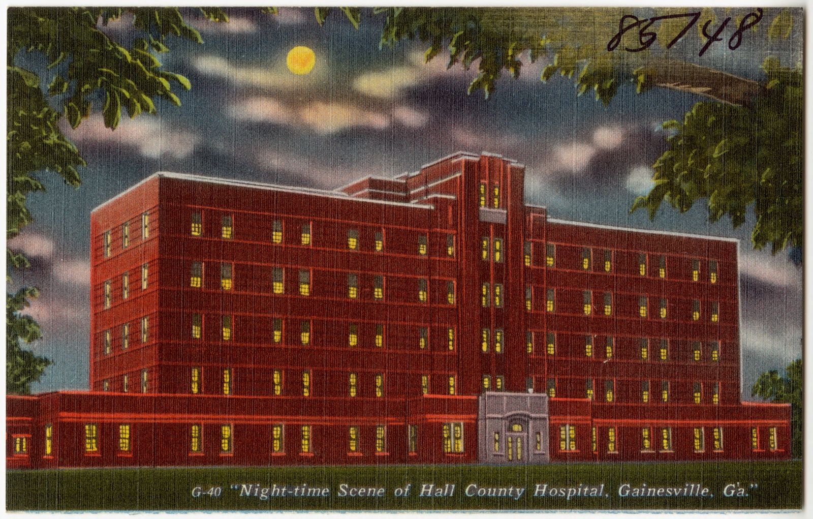"Night-time scene of Hall County Hospital, Gainesville, Ga.", Boston Public Library - undated
