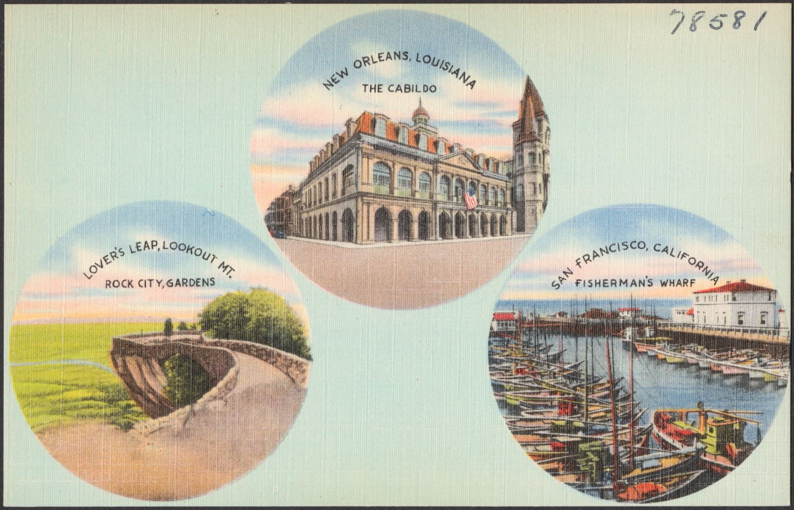 New Orleans, Louisiana, the Cabildo. Lover's Leap, Lookout Mt. Rock City Gardens. San Francisco, California, Fisherman's Wharf, Boston Public Library - undated