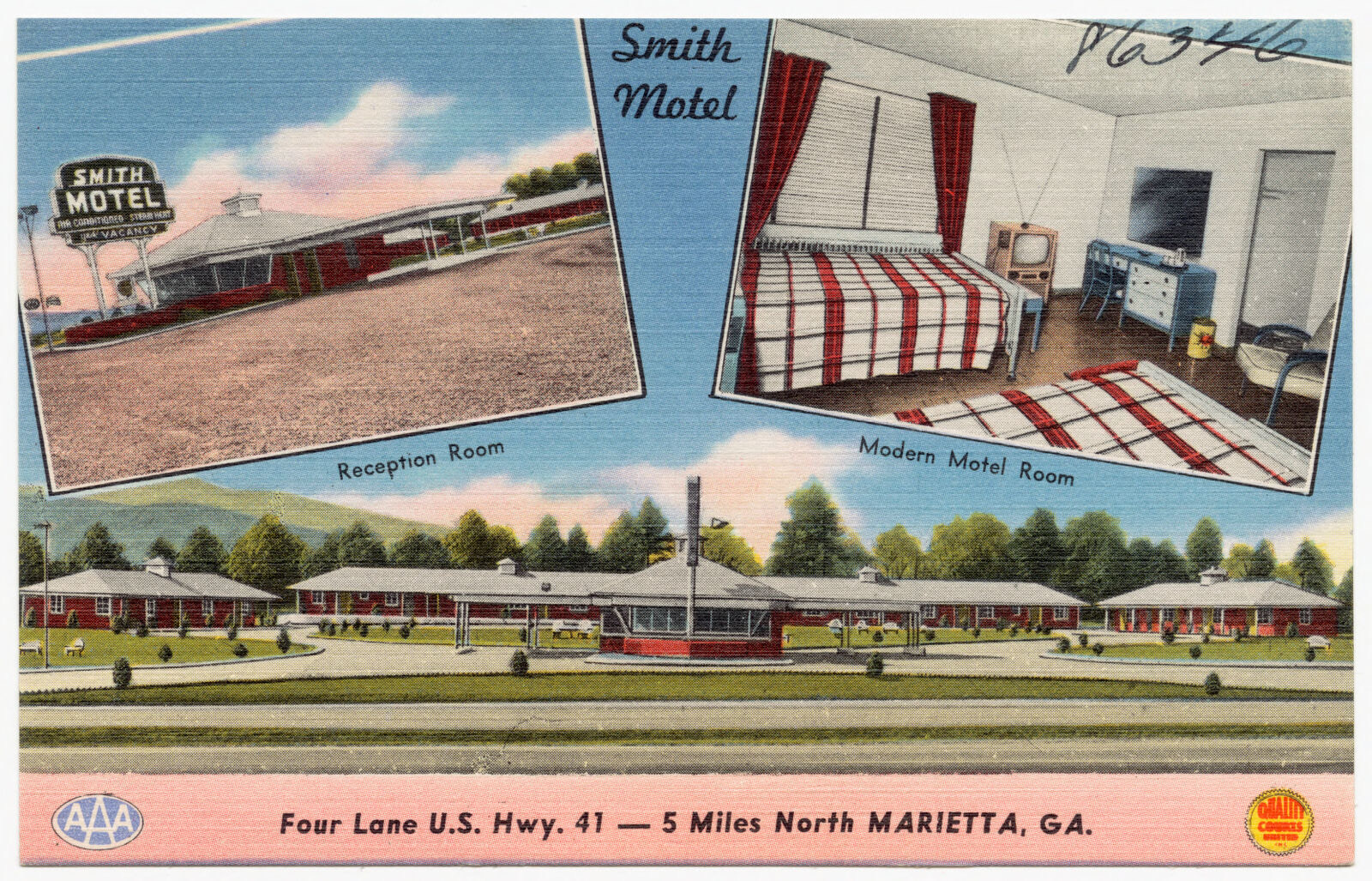 Smith Motel, four lane U. S. Hwy. 41 -- 5 miles north Marietta, Ga. -- reception room and modern motel room, Boston Public Library - undated