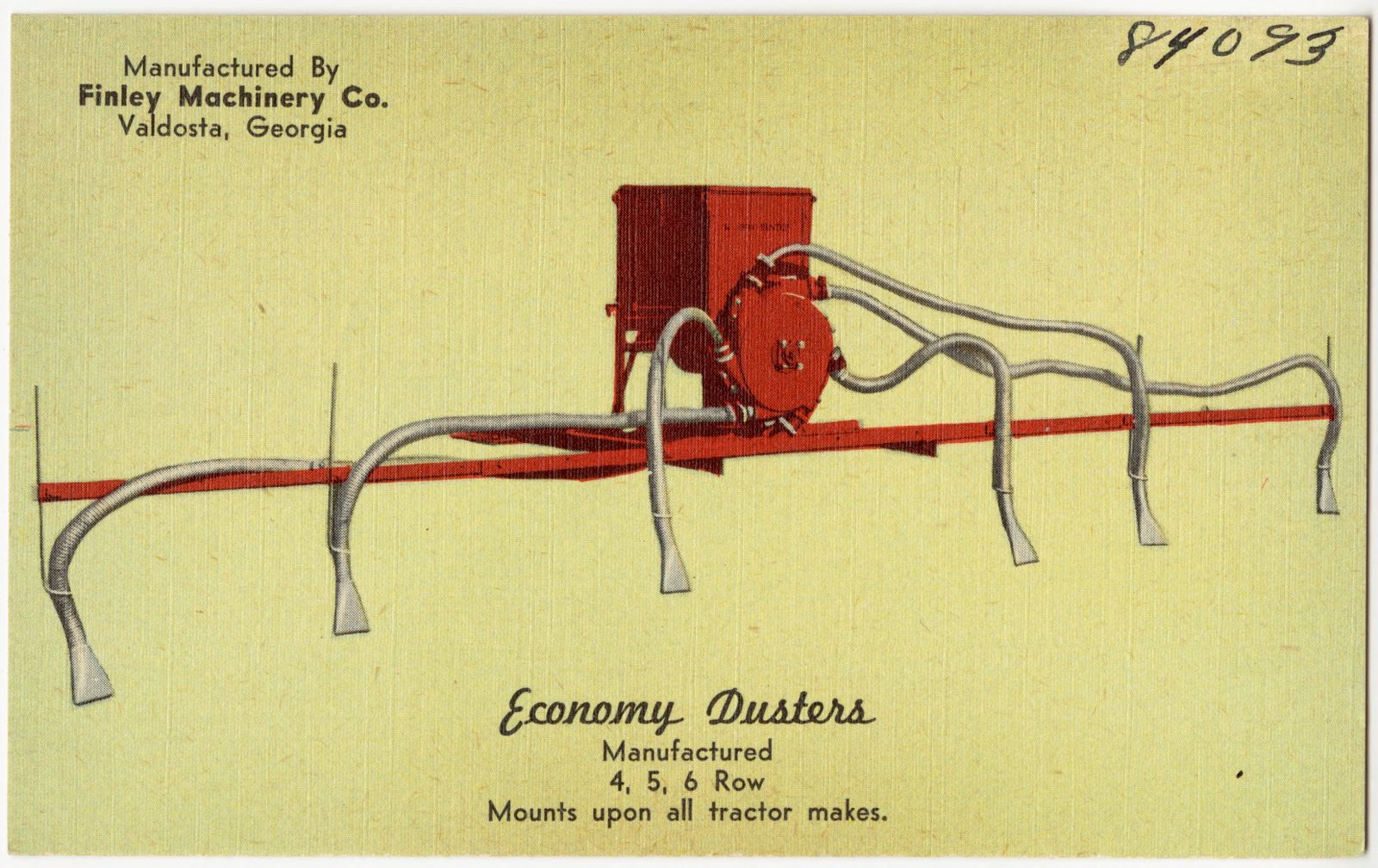 Economy dusters, manufactured, 4, 5, 6 row, mounts upon all tractor makes. Manufactured by Finley Machinery Co., Valdosta Georgia, Boston Public Library - undated