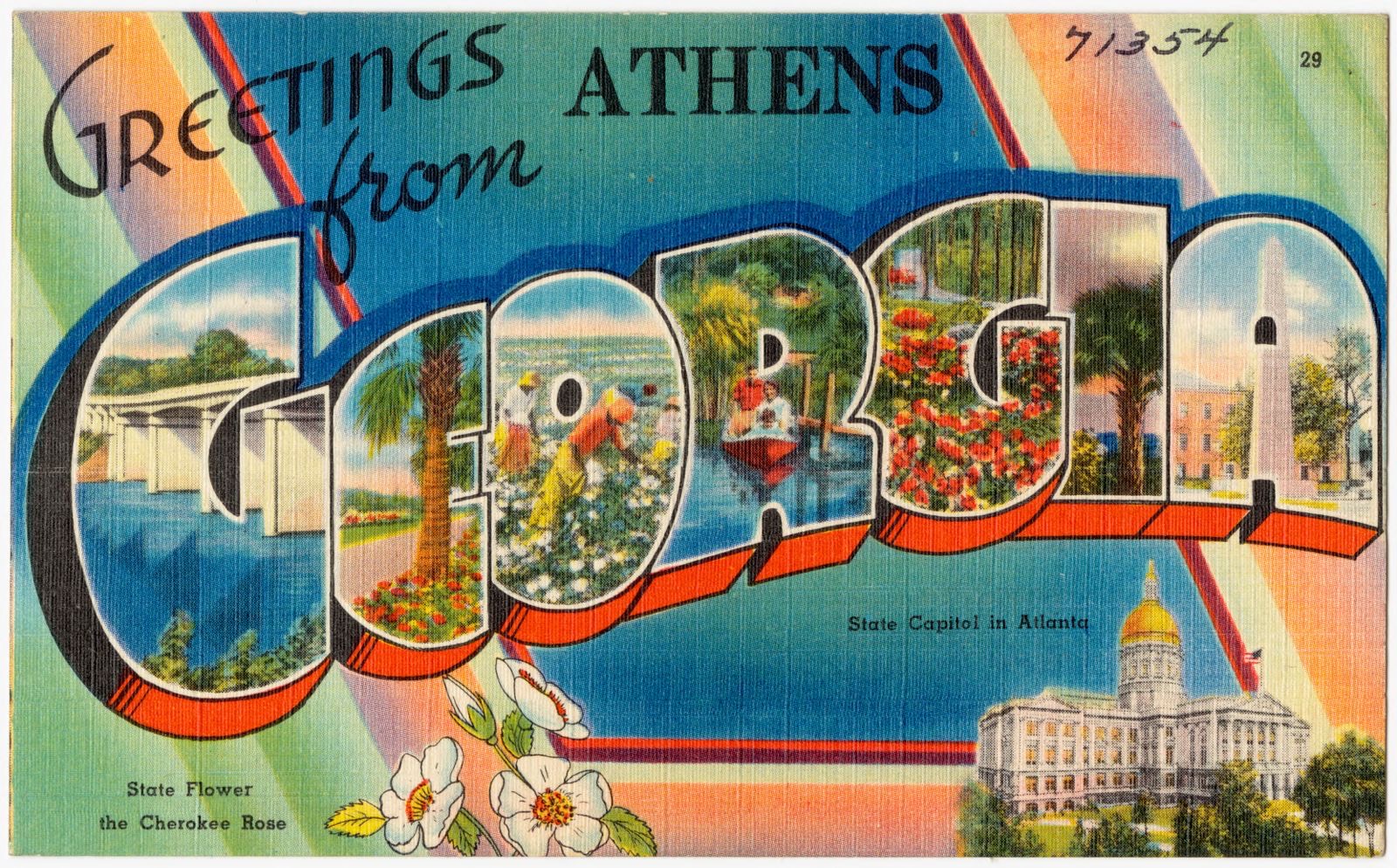 Greetings from Athens Georgia -- state flower the Cherokee Rose, state capitol in Atlanta, Boston Public Library - undated