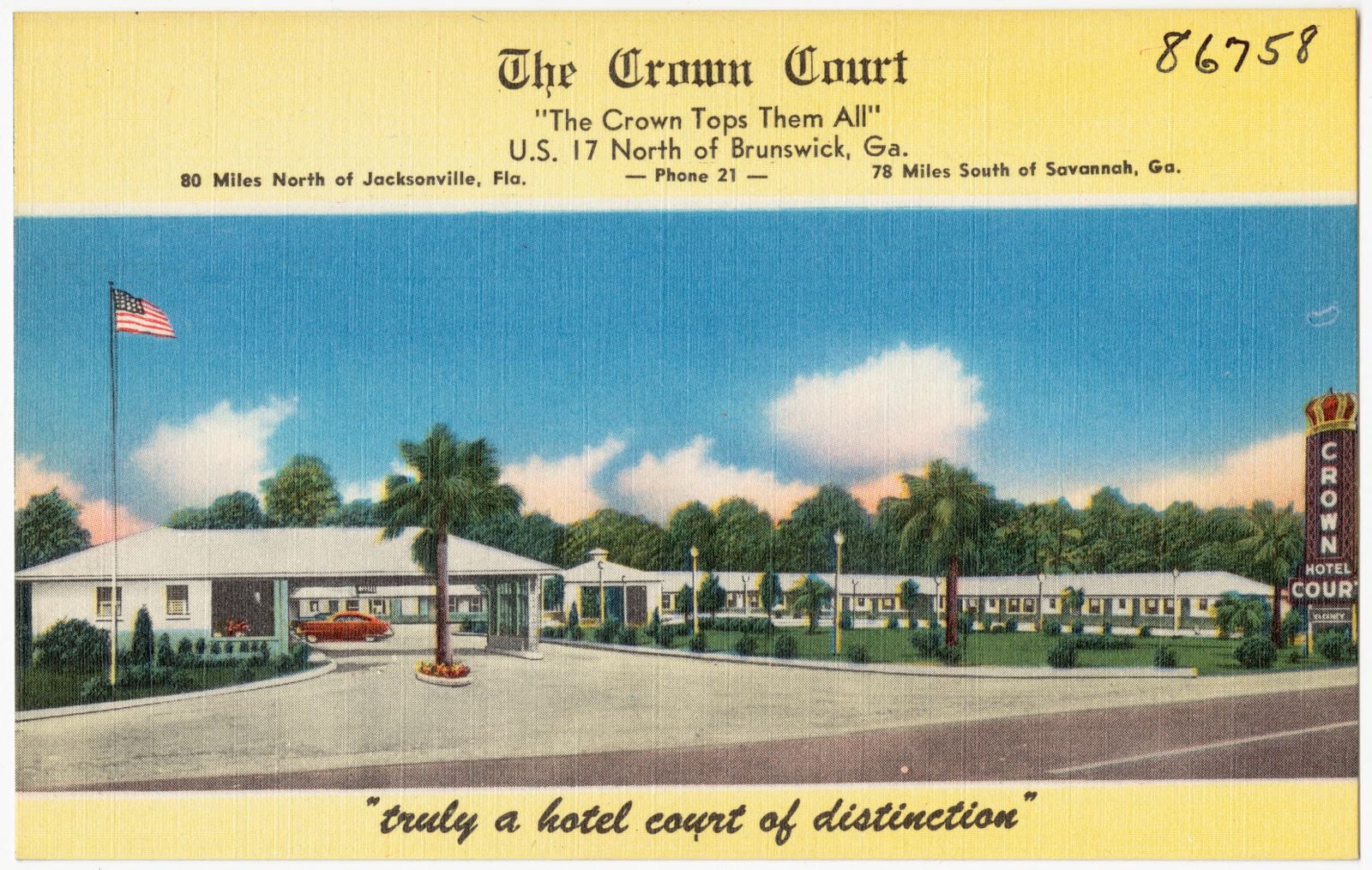 The Crown Court, "Crown Tops Them All", U.S. 17 North of Brunswick, Ga., Boston Public Library - undated