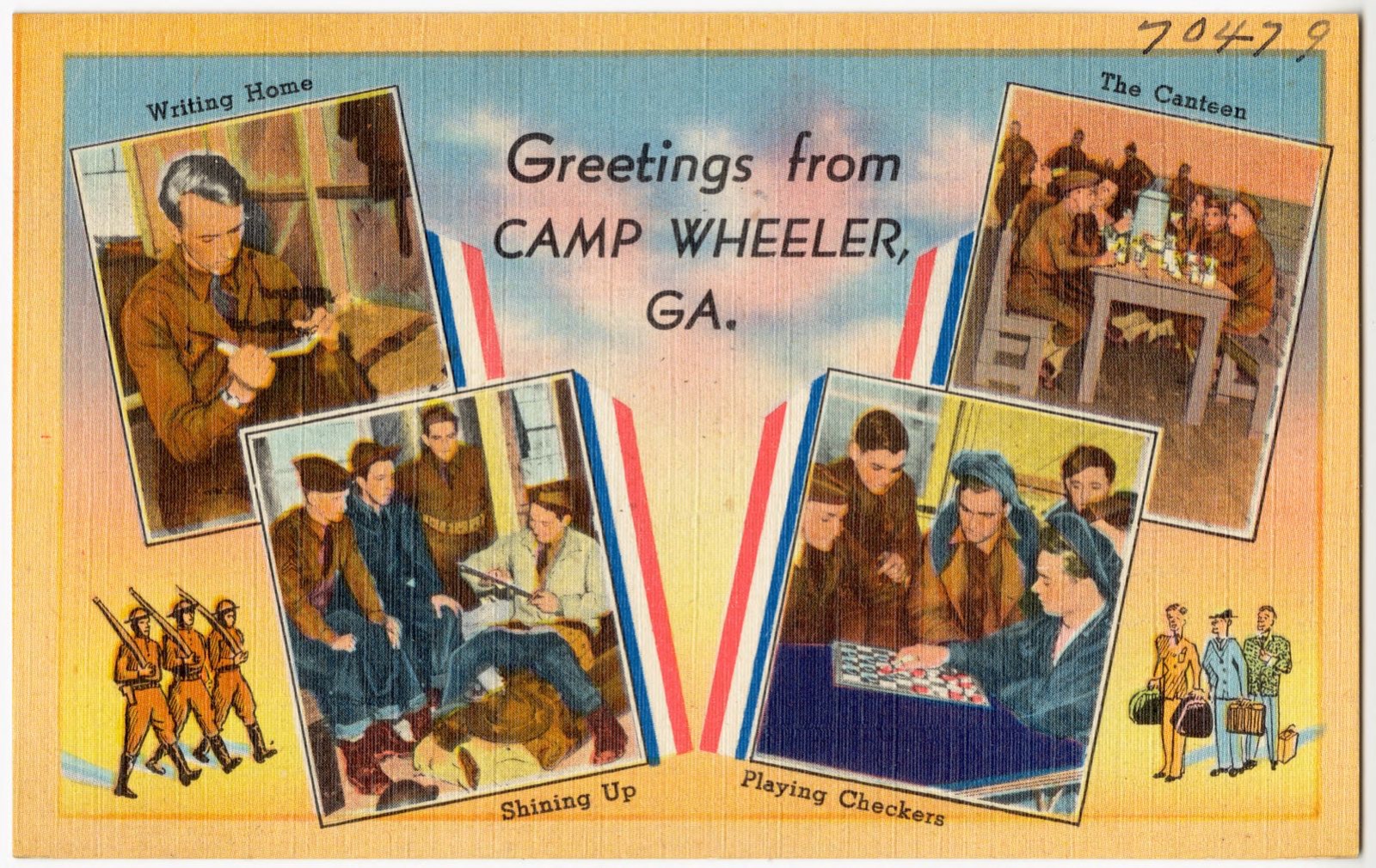 Greetings from Camp Wheeler, GA. -- writing home, shining up, playing checkers, the canteen, Boston Public Library - undated