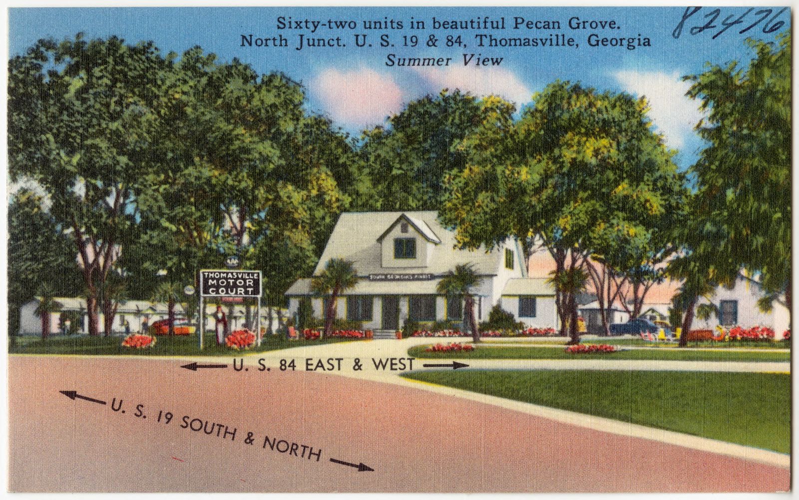 Thomasville Motor Court, sixty-two units in beautiful Pecan Grove, north junct. U.S. 19 & 84, Thomasville, Georgia, summer view, Boston Public Library - undated
