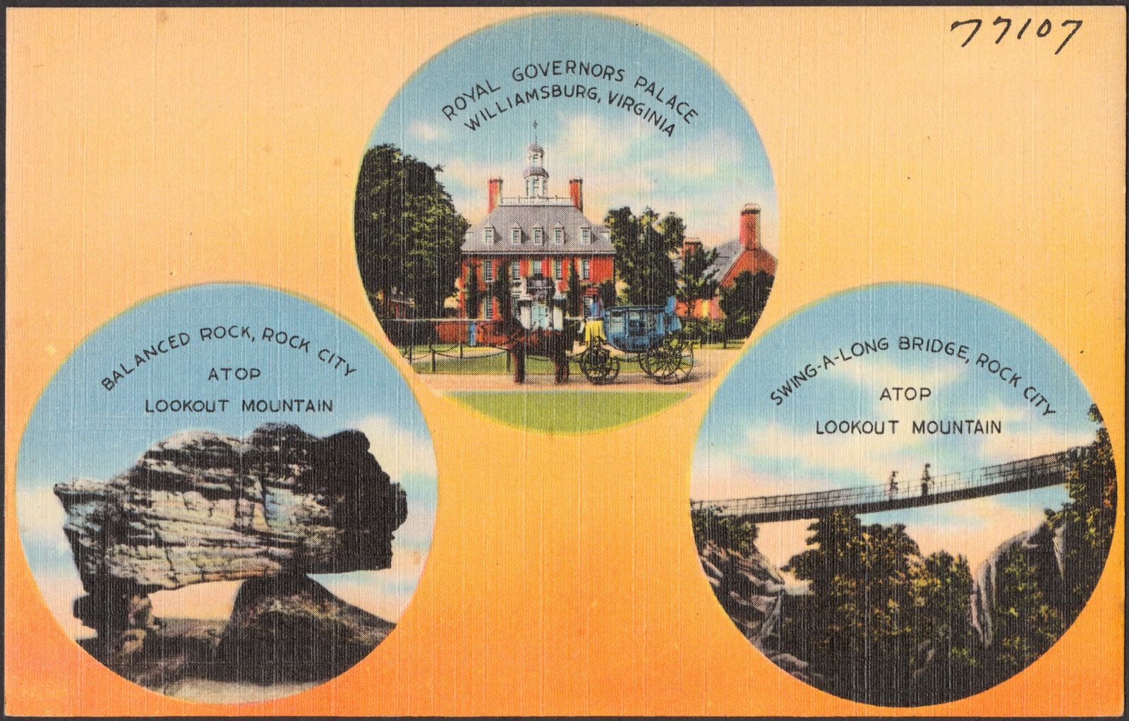 Royal Governors Palace, Williamsburg, Virginia. Balanced rock, Rock City, atop Lookout Mountain. Swings-a-long Bridge, Rock City, atop Lookout Mountain, Boston Public Library - undated