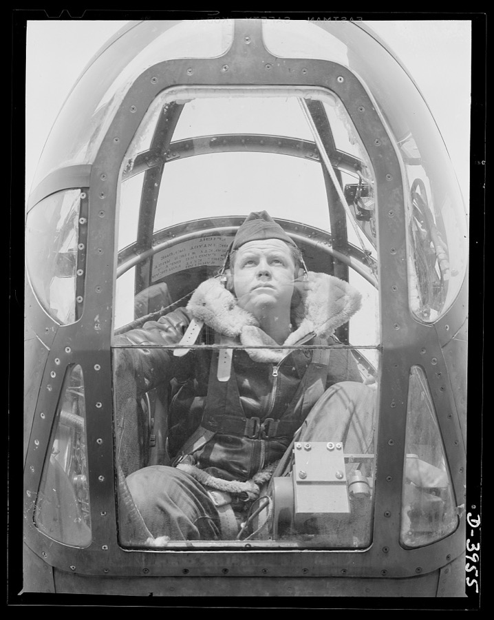 Fort Benning. Bomber planes. An American bombardier in training at Fort Benning, Georgia makes accurate hits with practice bombs that will later be exchanged for the real "eggs for war."