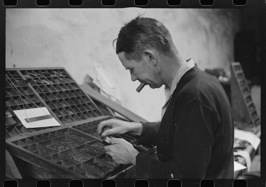 Setting type in the local newspaper office in Franklin, Heard County, Georgia