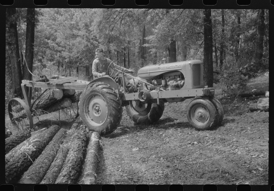 Bringing in the logs at a small sawmill works in southern Greene County, Georgia