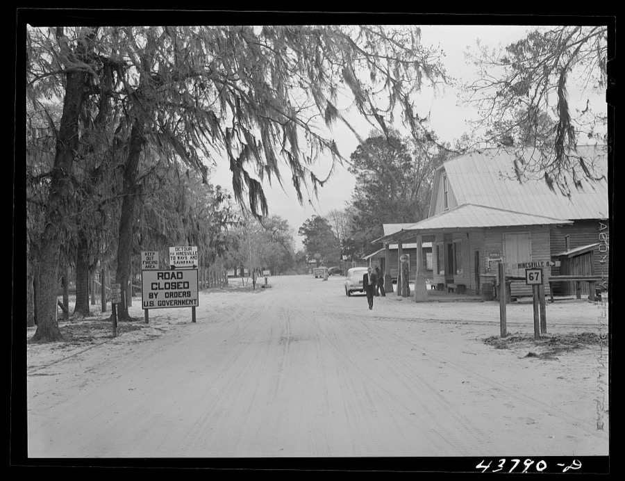 Main street in Taylors Creek. The village is in the Camp Stewart area and is being evacuated. Near Hinesville, Georgia