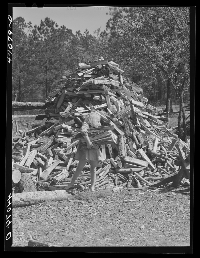 Betty Smith gathering wood. Daughter of Lemuel Smith, FSA (Farm Security Administration) borrower in Carroll County, Georgia