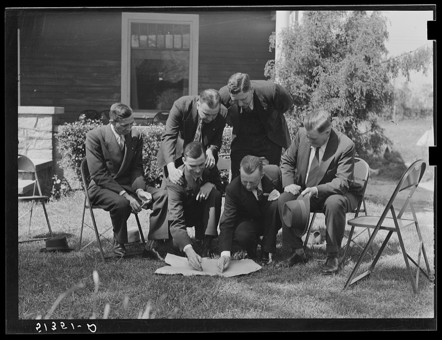 County, state and regional FSA (Farm Security Administration) officials: R.L. Vansant, state Farm Security Administration director; T.H. McGibbony,  chairman, County Commission; F.T. Corry, county School Superintendent; Francis Bowen 2nd, county agent E.H. Dows, assistant farm superintendent, Farm Security Administration; R.B. Weil, farmer and chairman, County Commission. FSA planning further work in Greene County, Georgia. At Crawfordville, NYA (National Youth Administration) headquarters