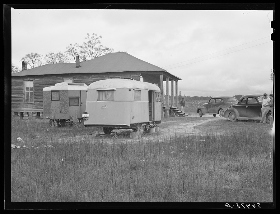 Mr. Luigi De Angelis, who works in Belair Construction job building defense housing project. He came from Lexington, Virginia and lives alone in trailer and pays two dollars a week for space and electricity in yard of local boarding house on highway near Fort Benning, Georgia