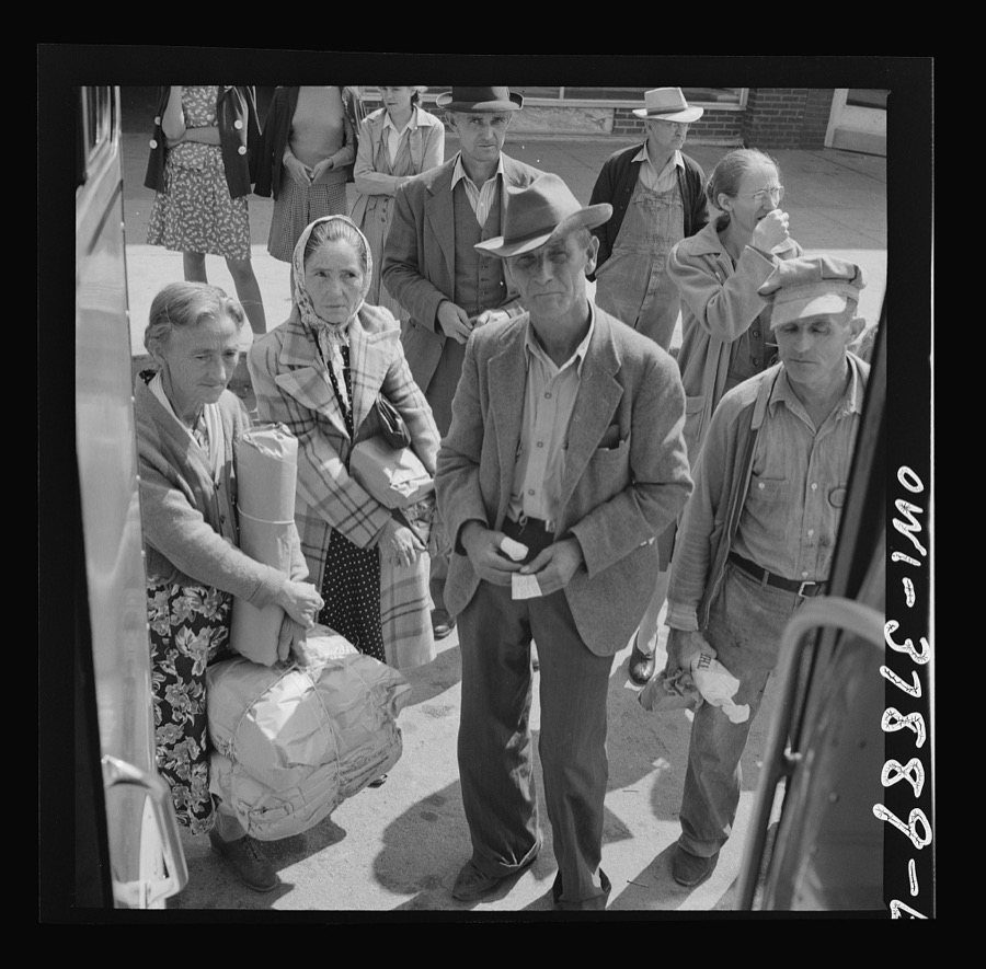 A Greyhound bus trip from Louisville, Kentucky, to Memphis, Tennessee, and the terminals. Passengers waiting to get on the Greyhound bus at Rome, Georgia. Most of them only travel a short distance, having come in from nearby farms to shop, etc