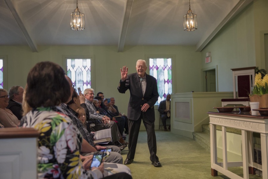 Ninety-two-year-old former U.S. president Jimmy Carter discusses the meaning of a biblical passage during his Sunday School lesson at the Maranantha Baptist Church in Carter's hometown of Plains, Georgia