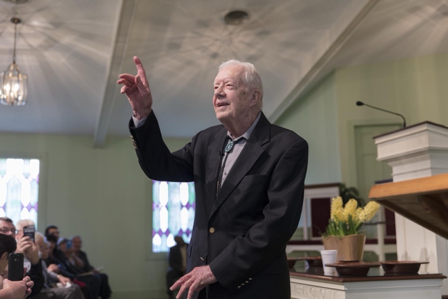 Ninety-two-year-old former U.S. president Jimmy Carter discusses the meaning of a biblical passage during his Sunday School lesson at the Maranantha Baptist Church in Carter's hometown of Plains, Georgia